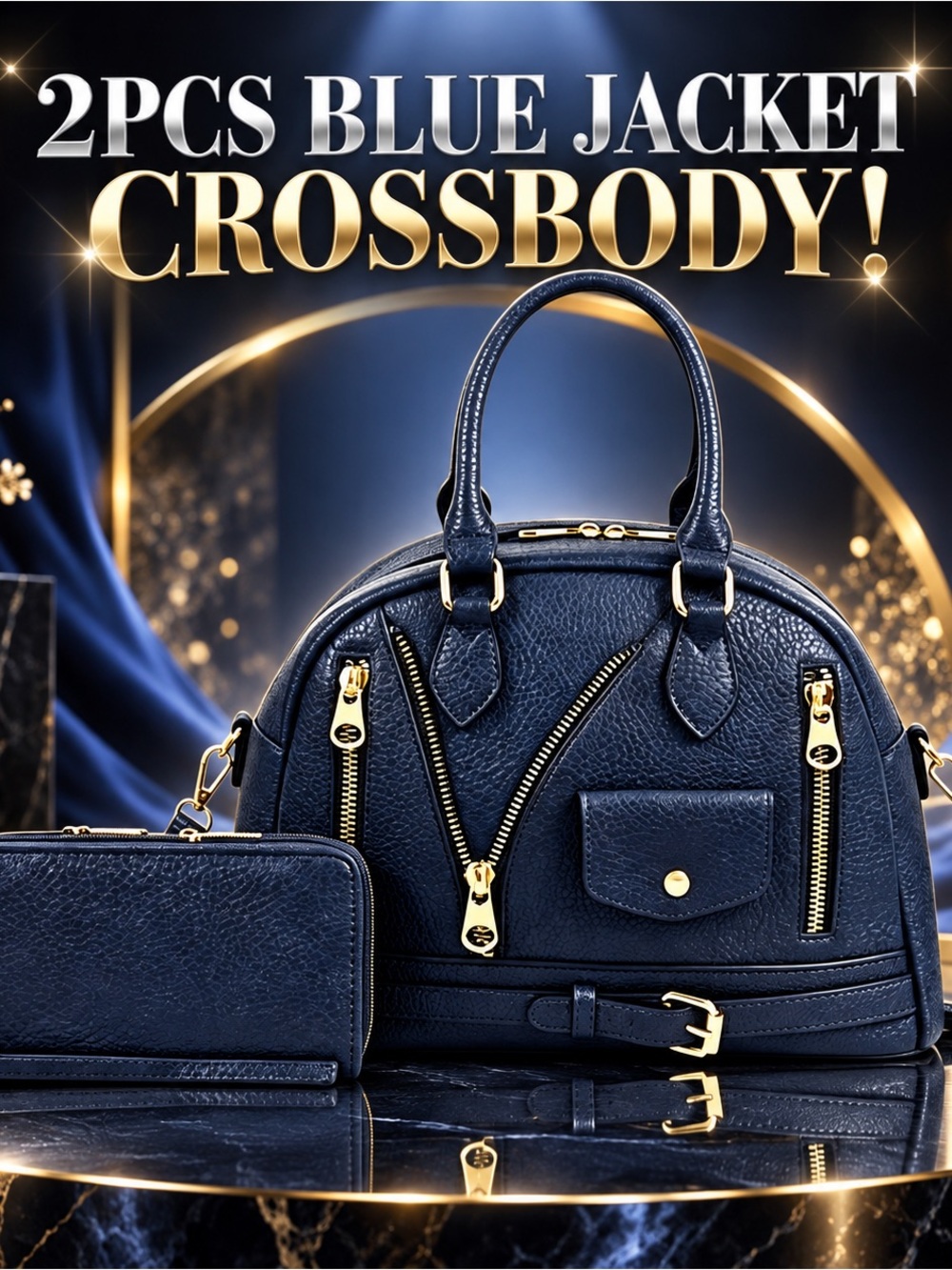 Blue Dome Satchel Crossbody Handbag with Wallet - Gold Hardware